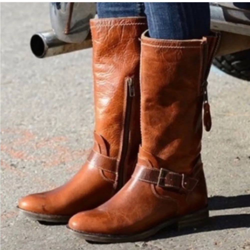 Bed Stu Chestnut Leather Mid-Calf Moto Boots with Harness Strap